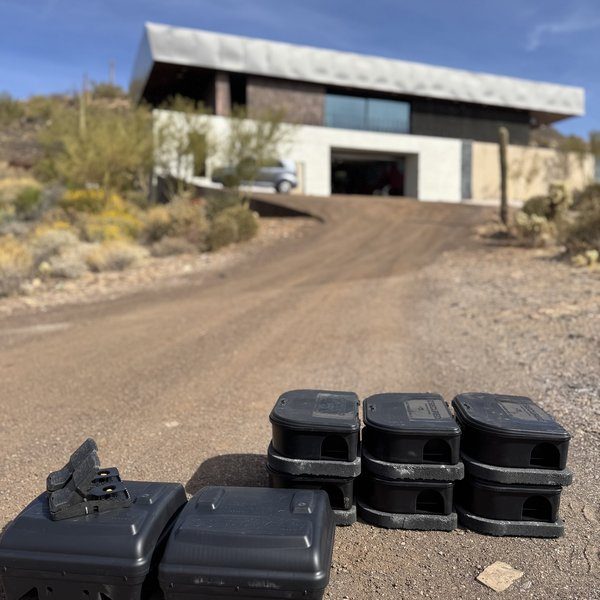 Bait stations staged on a Phoenix Valley driveway before a perimeter treatment.